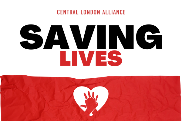 Central London Alliance 'Saving Lives' event graphic featuring bold black and red typography on a white background, with a red banner at the bottom displaying a white heart icon containing a handprint and defibrillator symbol.