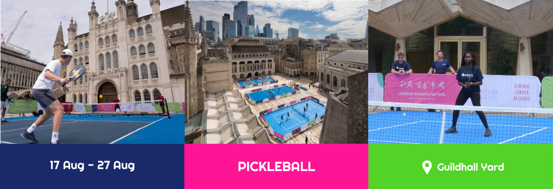 pickleball in guildhall yard banner running from 17 - 27 august